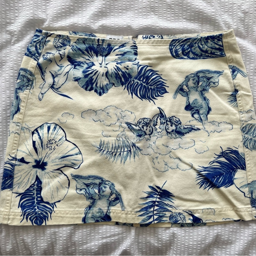 Vintage Style Denim Skirt with Blue Floral and Angel Print